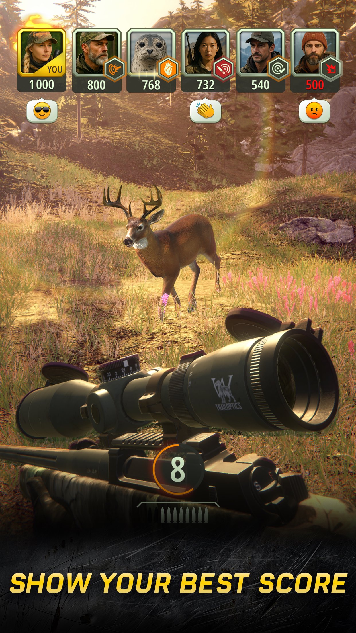 PvP-матч Hunting Rivals: счёт шести охотников и метка «YOU» в таблице очков